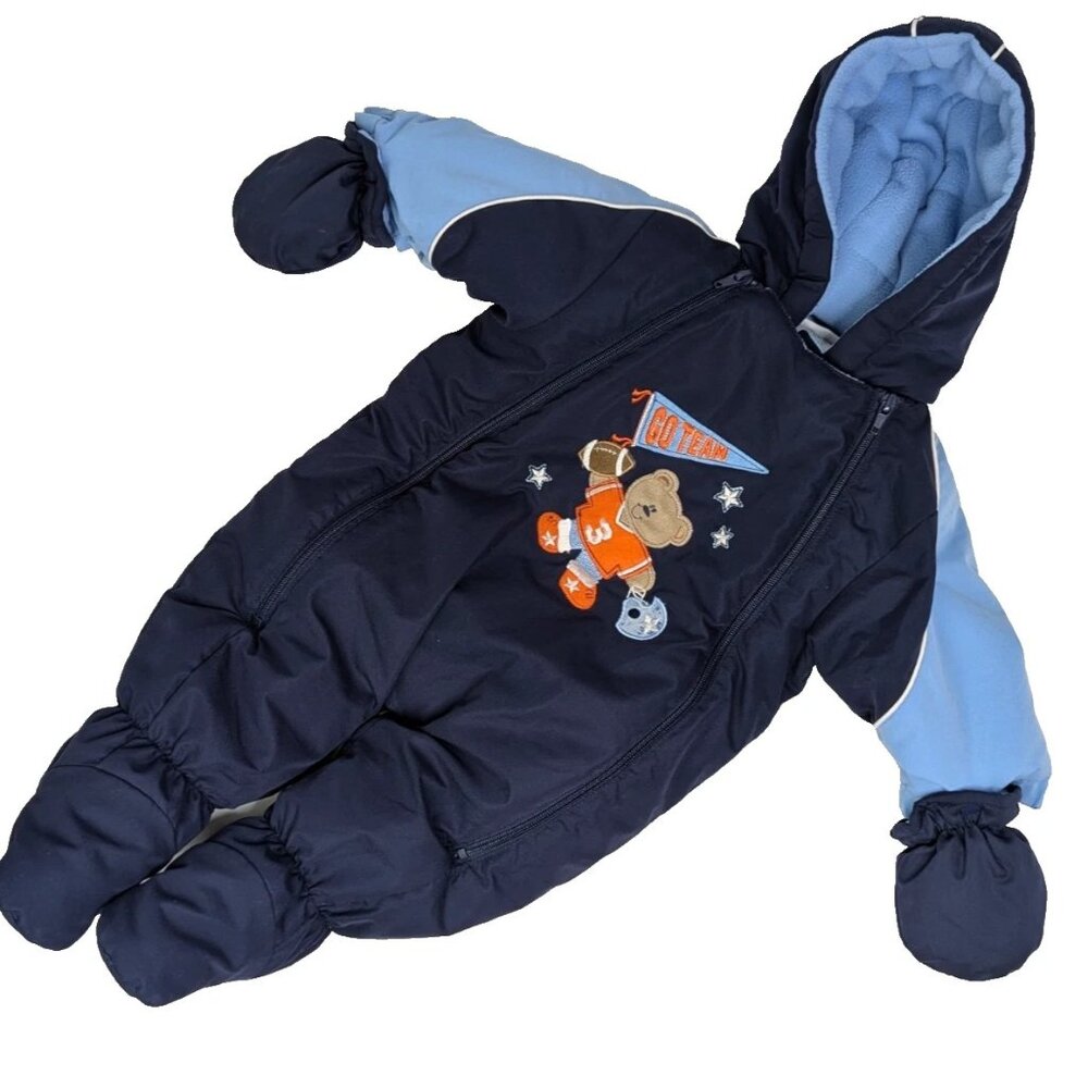 Okie Dokie 6–9M Baby Teddy Bear/Sports Navy Blue Snowsuit Hooded Fleece Lined